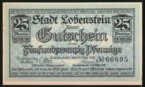 Notgeld Lobenstein 1919, 25 Pfennig, Gutschein der Stadt Lobenstein mit Landschaftsillustration