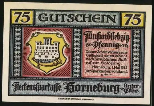 Notgeld Horneburg 1921, 75 Pfennig, Lange Strasse und Stadtwappen