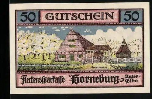 Notgeld Horneburg 1921, 50 Pfennig, Ansicht des Marschhauses und Wappen