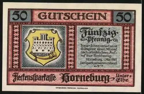 Notgeld Horneburg 1921, 50 Pfennig, Ansicht des Marschhauses und Wappen