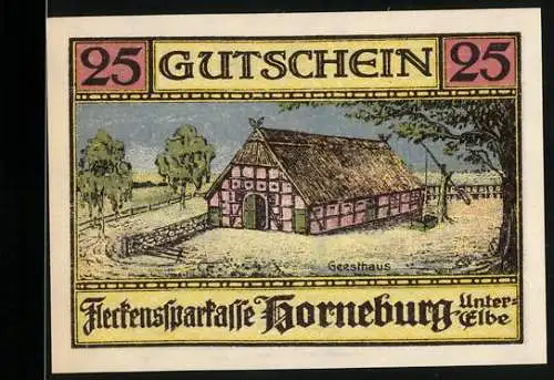 Notgeld Horneburg 1921, 25 Pfennig, Fleckensparkasse Horneburg Unterelbe, Geesthaus und Wappen