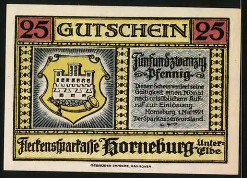 Notgeld Horneburg 1921, 25 Pfennig, Fleckensparkasse Horneburg Unterelbe, Geesthaus und Wappen