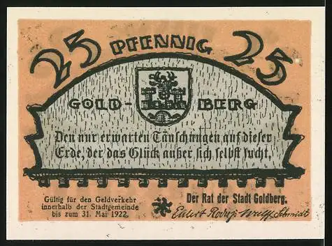 Notgeld Goldberg, 1922, 25 Pfennig, Reutergeld der Stadt Goldberg mit Landschaft und Stadtwappen