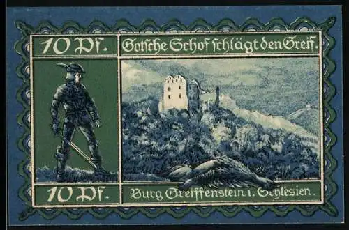 Notgeld Greiffenberg i. Schlesien 1920, 10 Pfennig, Burg Greiffenstein und Gotsche Schof schlägt den Greif