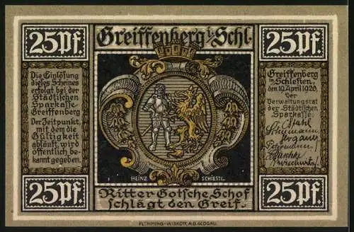 Notgeld Greiffenberg 1920, 25 Pfennig, Ratsherren danken Friedrich dem Grossen und Ritter Gottsche Schof