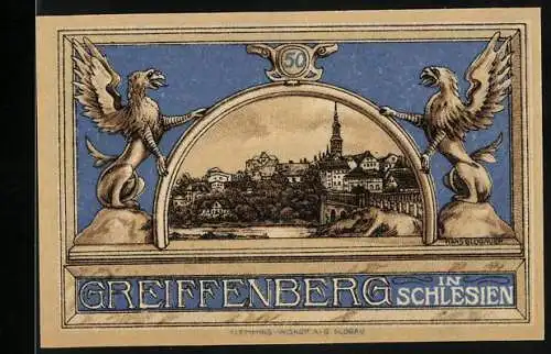 Notgeld Greiffenberg in Schlesien, 1920, 50 Pfennig, Stadtansicht und Greifen, Städtische Sparkasse, blau-beige