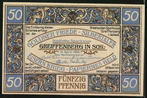 Notgeld Greiffenberg in Schlesien, 1920, 50 Pfennig, Stadtansicht und Greifen, Städtische Sparkasse, blau-beige