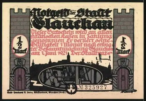 Notgeld Glauchau, 1921, 1 /2 Mark, vier Figuren und Stadtansicht mit Text und Burgmauern