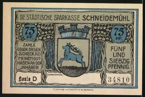 Notgeld Schneidemühl, 75 Pf, Regierungsgebäude und Stadtwappen mit Sparkasse