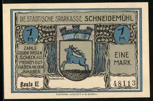 Notgeld Schneidemühl, 1 Mark, Brunnenunglück 1893, Stadtwappen mit springendem Pferd und Stadtansicht