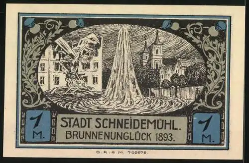 Notgeld Schneidemühl, 1 Mark, Brunnenunglück 1893, Stadtwappen mit springendem Pferd und Stadtansicht