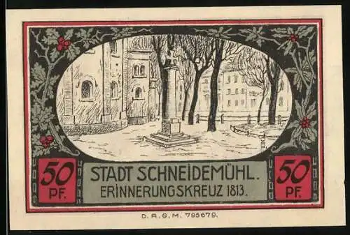 Notgeld Schneidemühl, 50 Pf, Stadtsparkasse mit Erinnerungskreuz und Stadtwappen