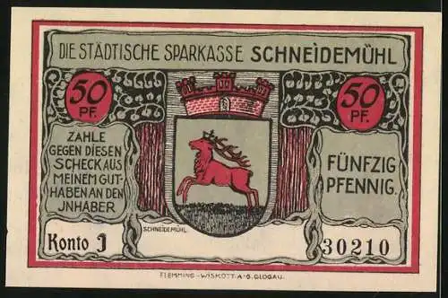 Notgeld Schneidemühl, 50 Pf, Stadtsparkasse mit Erinnerungskreuz und Stadtwappen