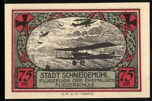 Notgeld Schneidemühl, 75 Pf, Flugzeuge der ehemaligen Fliegerschule, Stadtwappen