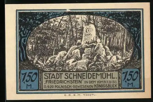 Notgeld Schneidemühl, 1,50 Mark, Friedrichstein Gedenktafel im Wald und Stadtwappen mit blauem Hirsch