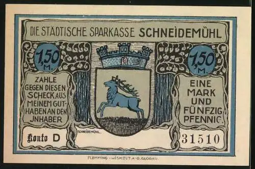 Notgeld Schneidemühl, 1,50 Mark, Friedrichstein Gedenktafel im Wald und Stadtwappen mit blauem Hirsch