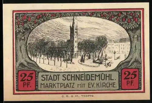 Notgeld Schneidemühl, 25 Pfennig, Marktplatz mit ev. Kirche und Stadtwappen der Städtischen Sparkasse