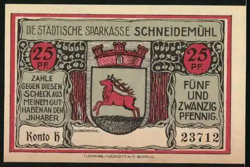 Notgeld Schneidemühl, 25 Pfennig, Marktplatz mit ev. Kirche und Stadtwappen der Städtischen Sparkasse