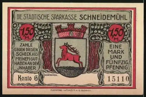 Notgeld Schneidemühl, 1,50 Mark, Wohnung der Königin Luise während ihrer Flucht, Wappen und roter Hirsch