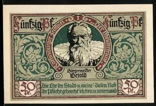 Notgeld Rothenburg ob der Tauber, 1921, 50 Pf, Bürgermeister Besold und Stadtwappen, beidseitig bedruckt