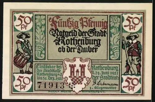 Notgeld Rothenburg ob der Tauber, 1921, 50 Pf, Bürgermeister Besold und Stadtwappen, beidseitig bedruckt