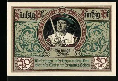 Notgeld Rothenburg ob der Tauber, 1921, 50 Pfennig, Illustration von Soldaten und Stadtwappen, Seriennummer 36041
