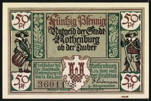 Notgeld Rothenburg ob der Tauber, 1921, 50 Pfennig, Illustration von Soldaten und Stadtwappen, Seriennummer 36041