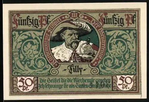 Notgeld Rothenburg ob der Tauber, 1921, 50 Pf, Soldat mit Helm, Stadtwappen, lokale Einlösbarkeit