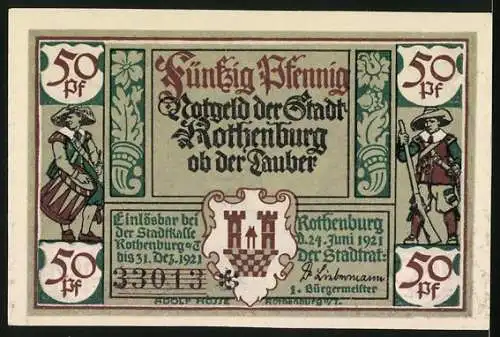 Notgeld Rothenburg ob der Tauber, 1921, 50 Pf, Soldat mit Helm, Stadtwappen, lokale Einlösbarkeit