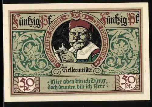 Notgeld Rothenburg ob der Tauber, 1921, 50 Pfennig, Kellermeister und Stadtwappen mit Soldatenabbildungen