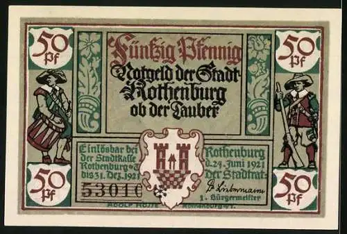 Notgeld Rothenburg ob der Tauber, 1921, 50 Pfennig, Kellermeister und Stadtwappen mit Soldatenabbildungen