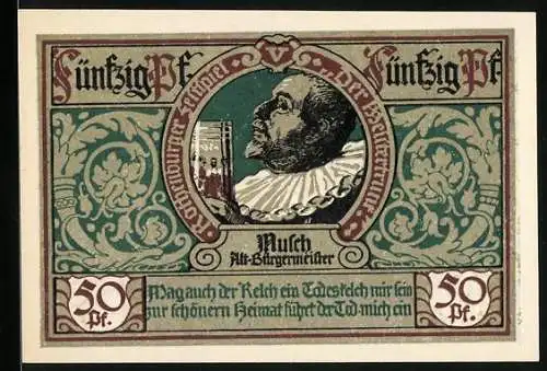 Notgeld Rothenburg ob der Tauber, 1921, 50 Pfennig, Alt-Bürgermeister Nusch mit Weinbecher und Stadtwappen