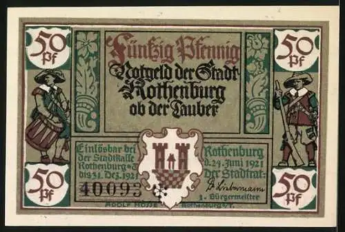 Notgeld Rothenburg ob der Tauber, 1921, 50 Pfennig, Alt-Bürgermeister Nusch mit Weinbecher und Stadtwappen