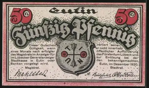 Notgeld Eutin, 1920, 50 Pfennig, Schloss und Wappen mit Text