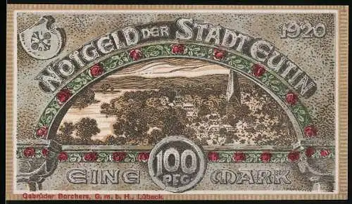 Notgeld Eutin, 1920, 100 Pfennig, Stadtansicht mit Wappen und Rosenornamenten