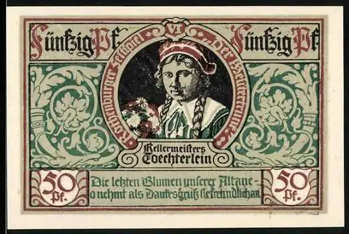 Notgeld Rothenburg ob der Tauber, 1921, 50 Pf, Kellermeisters Tochterlein und Stadtwappen mit Soldaten