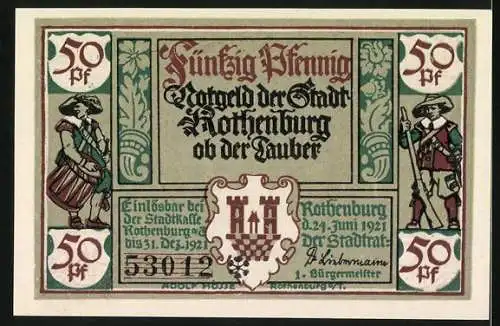 Notgeld Rothenburg ob der Tauber, 1921, 50 Pf, Kellermeisters Tochterlein und Stadtwappen mit Soldaten