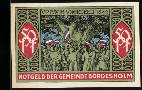 Notgeld Bordesholm 1921, 50 Pfennig, Gemeindeversammlung unter einem Baum und Wappen mit Gültigkeitsdatum