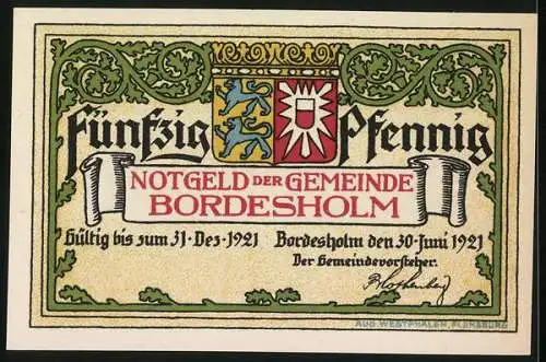 Notgeld Bordesholm 1921, 50 Pfennig, Gemeindeversammlung unter einem Baum und Wappen mit Gültigkeitsdatum