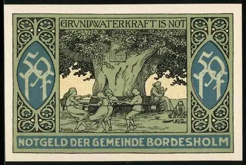 Notgeld Bordesholm, 1921, 50 Pfennig, Kinder spielen unter einem Baum und Adler mit Schriftbannern