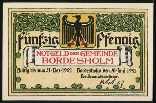 Notgeld Bordesholm, 1921, 50 Pfennig, Kinder spielen unter einem Baum und Adler mit Schriftbannern