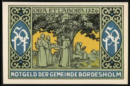 Notgeld Bordesholm, 1921, 50 Pfennig, Mönche unter einem Baum und Bischof lesend