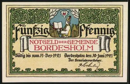 Notgeld Bordesholm, 1921, 50 Pfennig, Mönche unter einem Baum und Bischof lesend