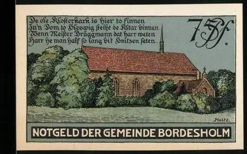 Notgeld Bordesholm, 1921, 75 Pfennig, Klosterkirche mit Bäumen und Gültigkeitsdatum bis 31 Dez 1921