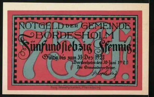 Notgeld Bordesholm, 1921, 75 Pfennig, Klosterkirche mit Bäumen und Gültigkeitsdatum bis 31 Dez 1921