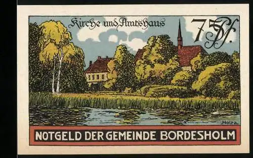 Notgeld Bordesholm 1921, 75 Pfennig, Kirche und Amtshaus, Gültig bis 31. Dez 1921