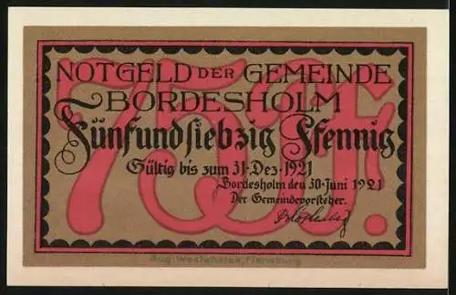 Notgeld Bordesholm 1921, 75 Pfennig, Kirche und Amtshaus, Gültig bis 31. Dez 1921