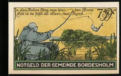 Notgeld Bordesholm, 1921, 75 Pfennig, Angler in Landschaft mit Insel und Fisch an der Angelrute