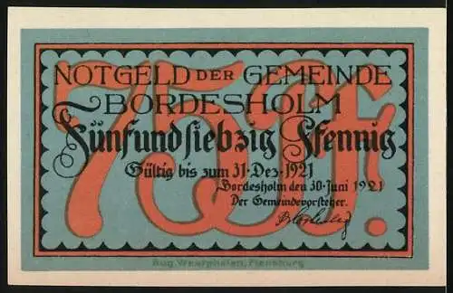 Notgeld Bordesholm, 1921, 75 Pfennig, Angler in Landschaft mit Insel und Fisch an der Angelrute