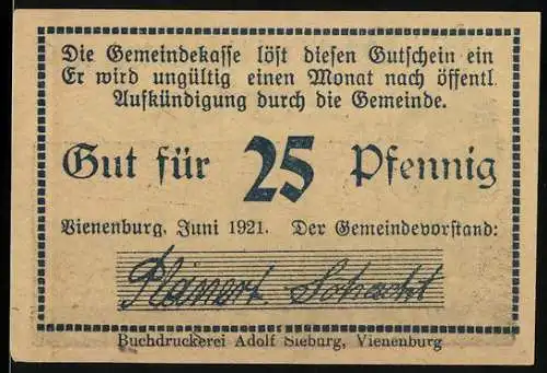 Notgeld Vienenburg, 1921, 25 Pfennig, Bergmann mit Kalibergwerk und Schriftzug Kalisalz `Gott erhalts`